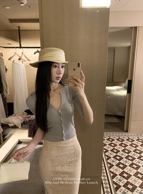 UVPU 蓝色中袖针织2026春夏中袖坑条t恤修身气质高级感百搭上衣女