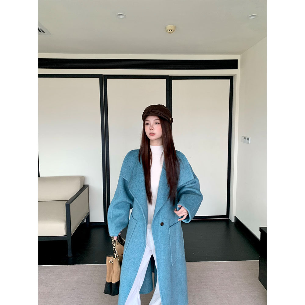 UVPU蓝色大衣2025秋冬季新款女高级蓝系带气质长款加厚双面呢外套
