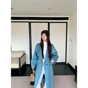 UVPU蓝色大衣2025秋冬季新款女高级蓝系带气质长款加厚双面呢外套