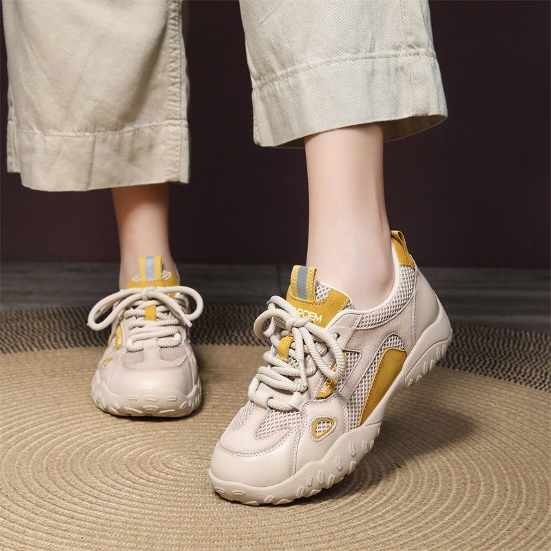 网面透气真皮休闲老爹鞋女2025夏季新款透气软底运动百搭旅游鞋子