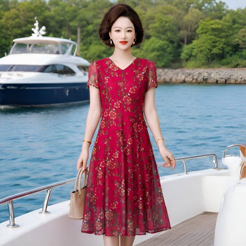 中老年妈妈洋气连衣裙气质夏新款高端品牌大码高级台湾纱真丝裙子