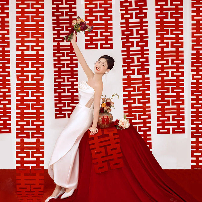 婚房布置长条喜条幅挂饰婚礼喜庆囍灯笼拉花挂饰结婚装饰拍照背景