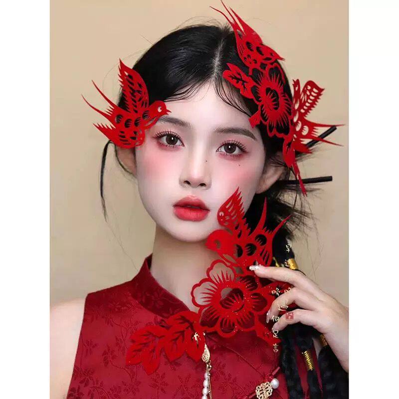 中式国风结婚红色剪纸头饰汉服旗袍晨袍新娘发簪喜鹊配饰发饰造型