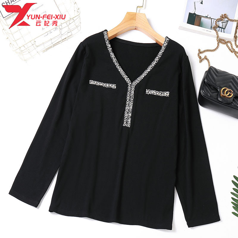 韩版休闲百搭印花V领织带大码女装胖MM花边领2020秋季新款上衣潮