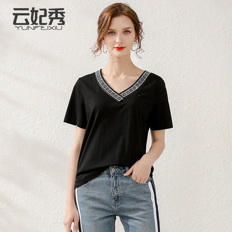 胖MM显瘦洋气V领遮肚子大码韩版宽松百搭上衣潮2020夏季新款T恤