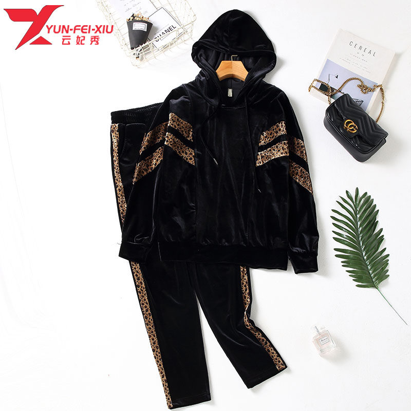 2020秋季新款大码女装时尚胖MM豹纹拼接连帽卫衣气质显瘦两件套潮