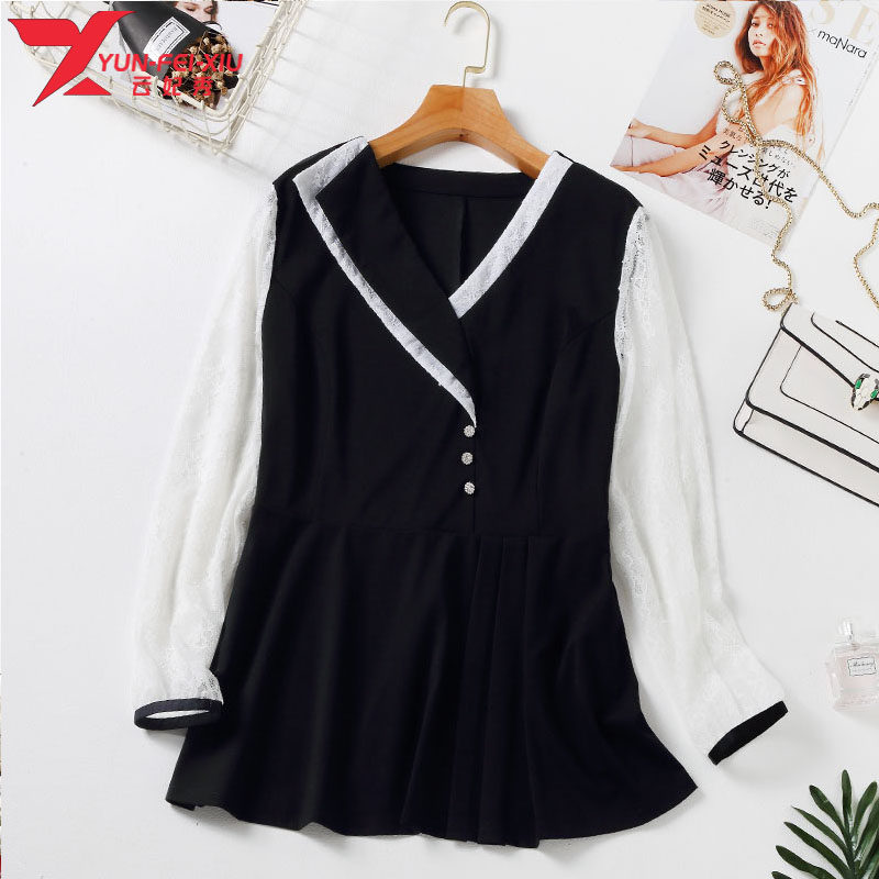 韩版时尚V领拼接撞色2020初秋新款胖MM显瘦遮肉大码宽松百搭上衣