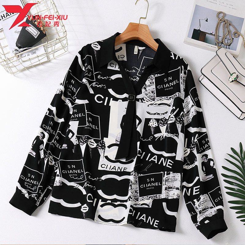 2020秋季新款时尚宽松百搭大码女装韩版休闲潮流涂鸦印花长袖上衣