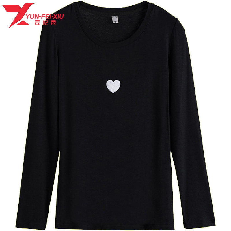 韩版时尚洋气2020初秋新款大码宽松百搭胖MM遮肉心形印花纯色上衣