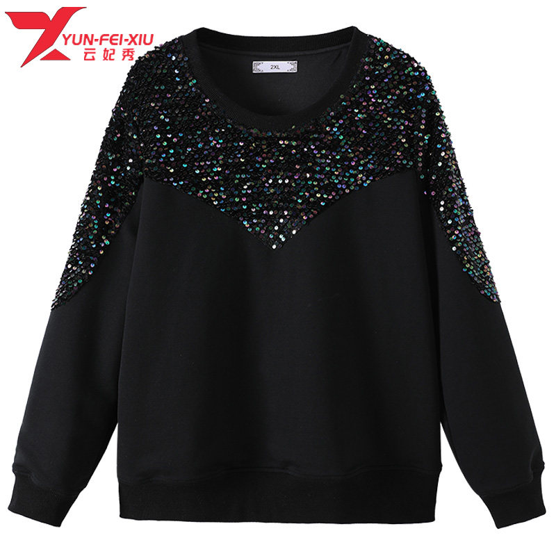 胖MM显瘦遮肉宽松大码圆领2020新款韩版减龄亮片拼接时尚百搭卫衣