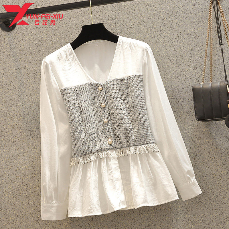 大码女装韩版宽松百搭休闲胖MM显瘦拼接撞色V领2020秋季新款上衣