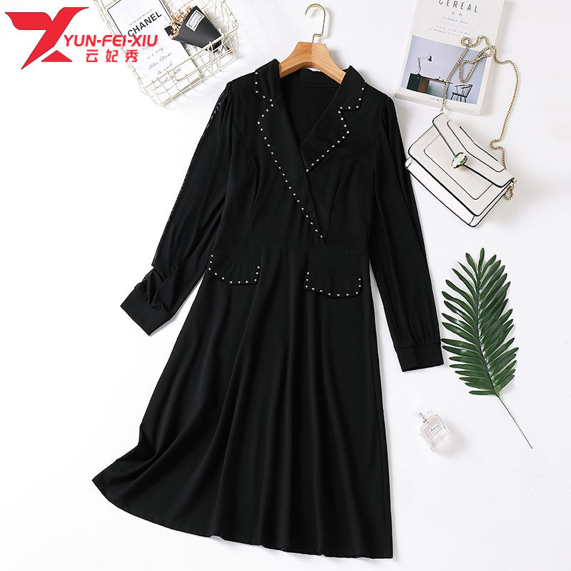 新款大码女装时尚2020秋季V领胖MM遮肚长袖韩版宽松翻领连衣裙