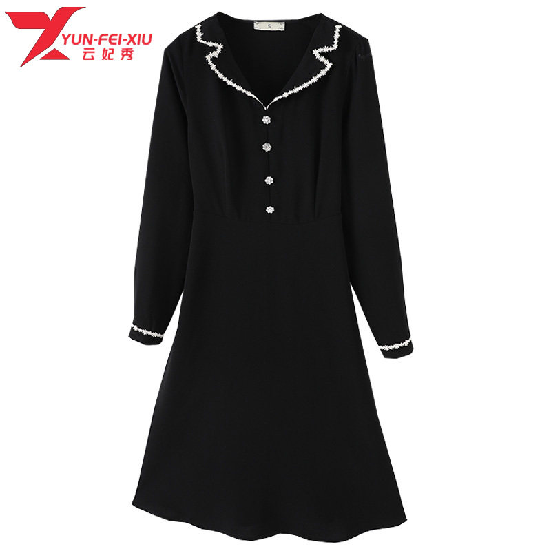 大码女装时尚显瘦百搭连衣裙胖mm遮肚子减龄气质翻v领a字版裙子潮