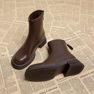 真皮靴子女秋冬2025新款韩系短靴女法式粗跟小踝靴巨好看瘦瘦靴