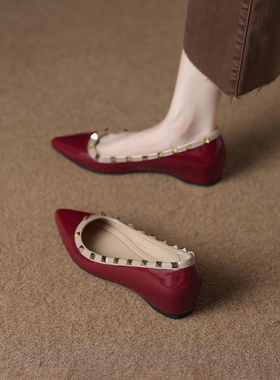 小个子内增高法式单鞋女2026春季新款尖头浅口女鞋铆钉小码晚晚鞋