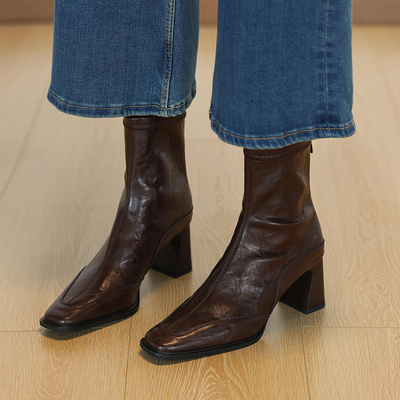 羊皮版巨好看高跟短靴女瘦瘦靴