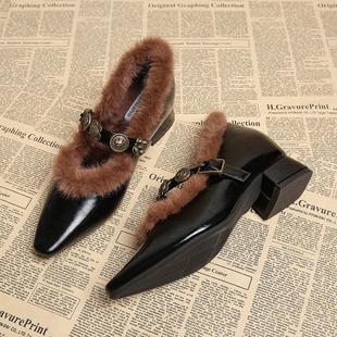 2025新款秋冬季小个子内增高尖头毛毛鞋法式粗跟玛丽珍加绒单鞋女