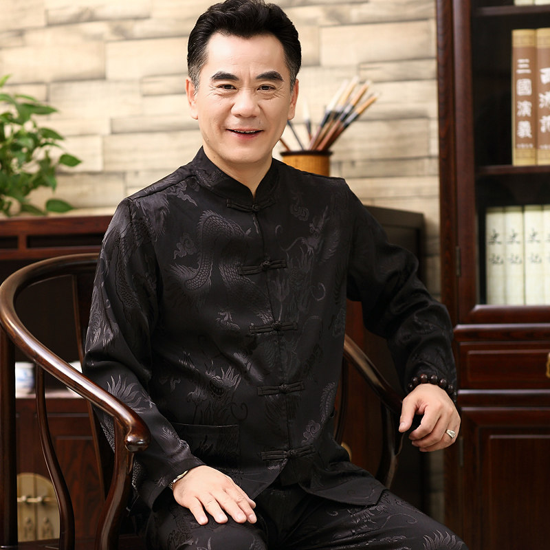 CHINESE STYLE TANG COSTUME MENS 2024 SPRING WEAR MENS LONG SLEEVE SPRING DAD SUIT FOR THE MIDDLE-AGED AND ELDERLY THIN RED BOUTIQUE SUIT