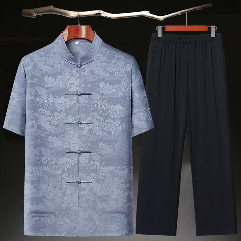 CHINESE STYLE TANG SUIT LOOSE THIN DAD SUMMER DRESS SHORT SLEEVE ICE SILK CASUAL MIDDLE-AGED SUMMER MENS HIGH-END SUIT MEN