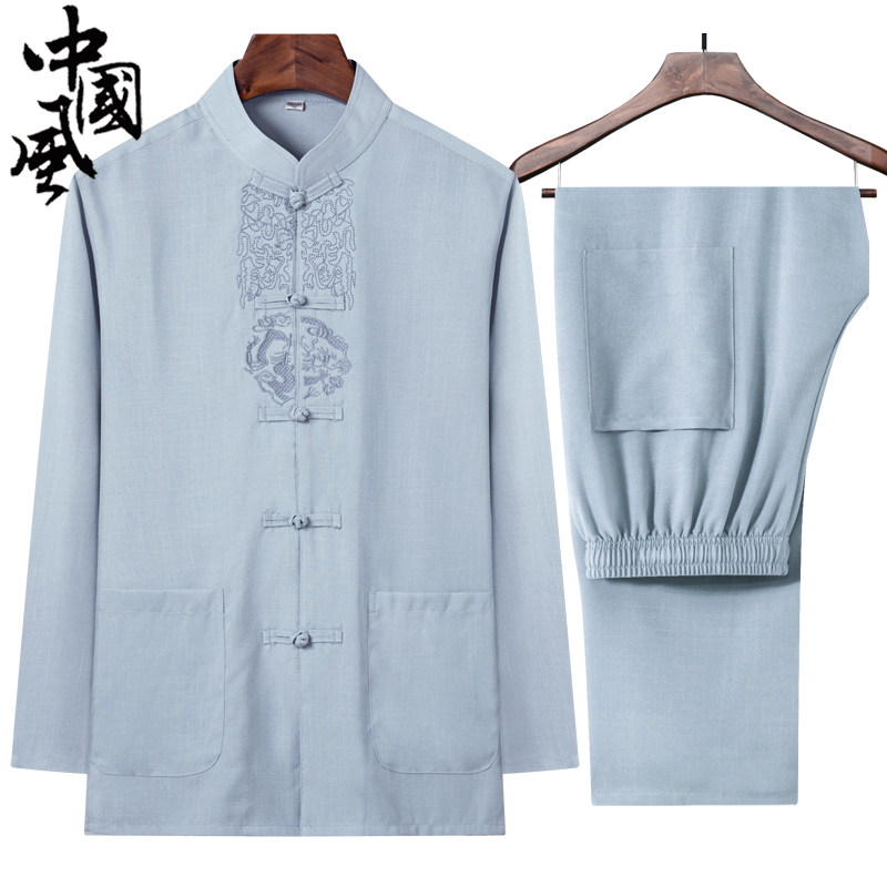 MIDDLE-AGED AND ELDERLY TANG COSTUME MEN 2024 SUMMER NEW COTTON AND LINEN LONG SLEEVES CHINESE THIN FATHERS DAY MEN GRANDFATHER SUIT MEN