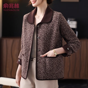 妈妈春装气质翻领毛呢开衫上衣薄2025新款中老年女装洋气针织外套