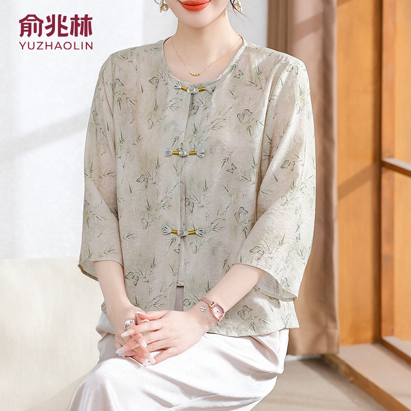 俞兆林妈妈夏装2025新款国风T恤中老年七分袖小衫洋气雪纺上衣服