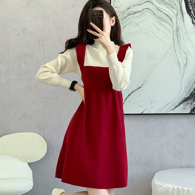 2023秋冬新款小香风假两件吊带针织连衣裙收腰显瘦中长A字毛衣裙