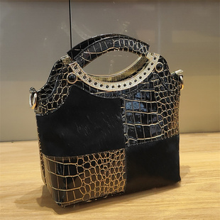 气质真皮马毛手提包女2026新款欧美范简约拼接撞色单肩斜挎托特包