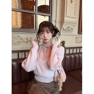 honeyrubao娇嗲大小姐 露肩针织衫假两件套小上衣