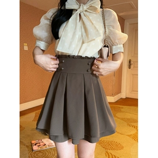 honeyrubao掐出少女腰巧克力棕超高腰日系甜美双层半身裙