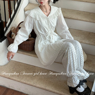 honeyrubao海军领精致刺绣花边爱心口袋长袖连衣裙