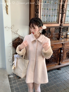 honeyrubao日剧女主毛毛袖口钻扣日系少女鱼尾大衣