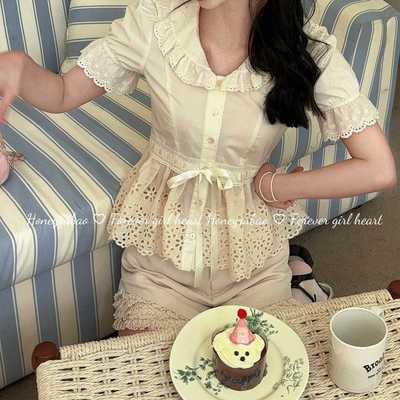 honeyrubao中古娃娃生成色纯棉镂空蕾丝日系少女衬衫