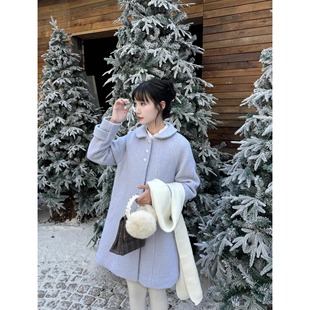 honeyrubao贝壳扣海洋感奶蓝色呢大衣