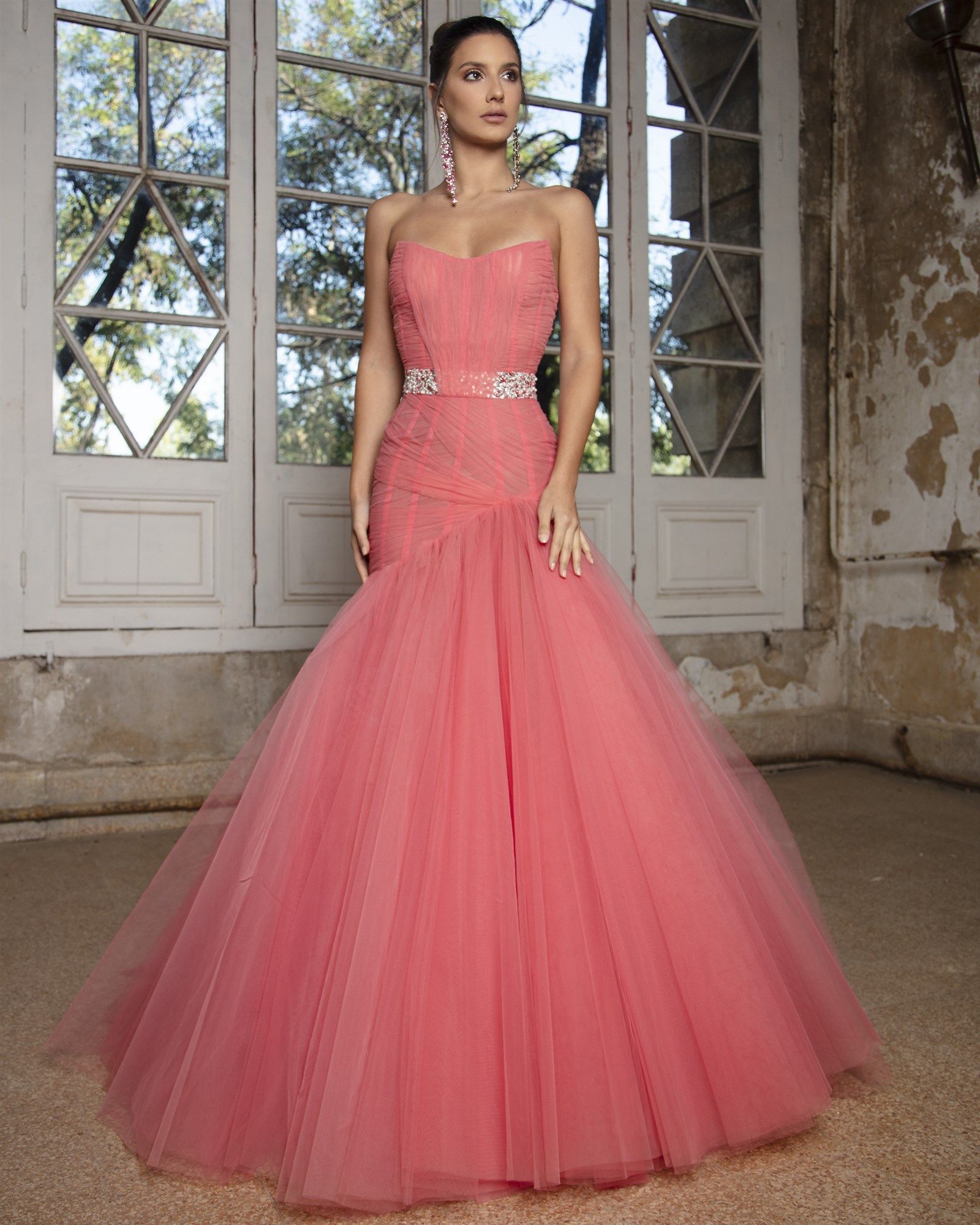 rami kadi 西瓜红玫红色抹胸鱼尾修身显瘦宴会酒会晚礼服敬酒服