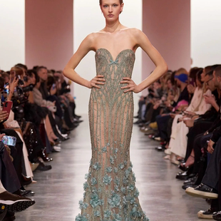 显瘦红毯派对晚礼服新娘敬酒服 气质灰蓝色抹胸鱼尾修身 Elie Saab