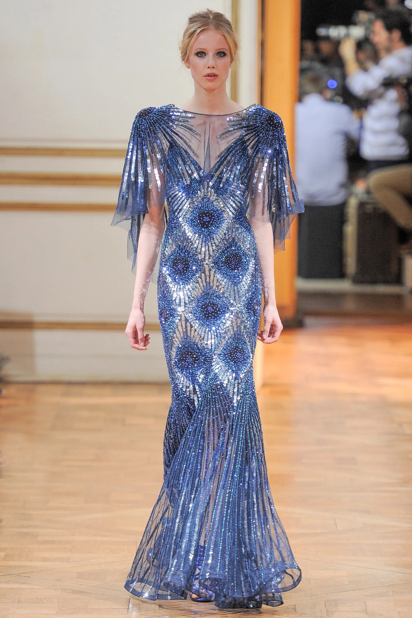 zuhair murad 蓝色鱼尾霸气披肩两件套奢华珠片晚礼服高档敬酒服