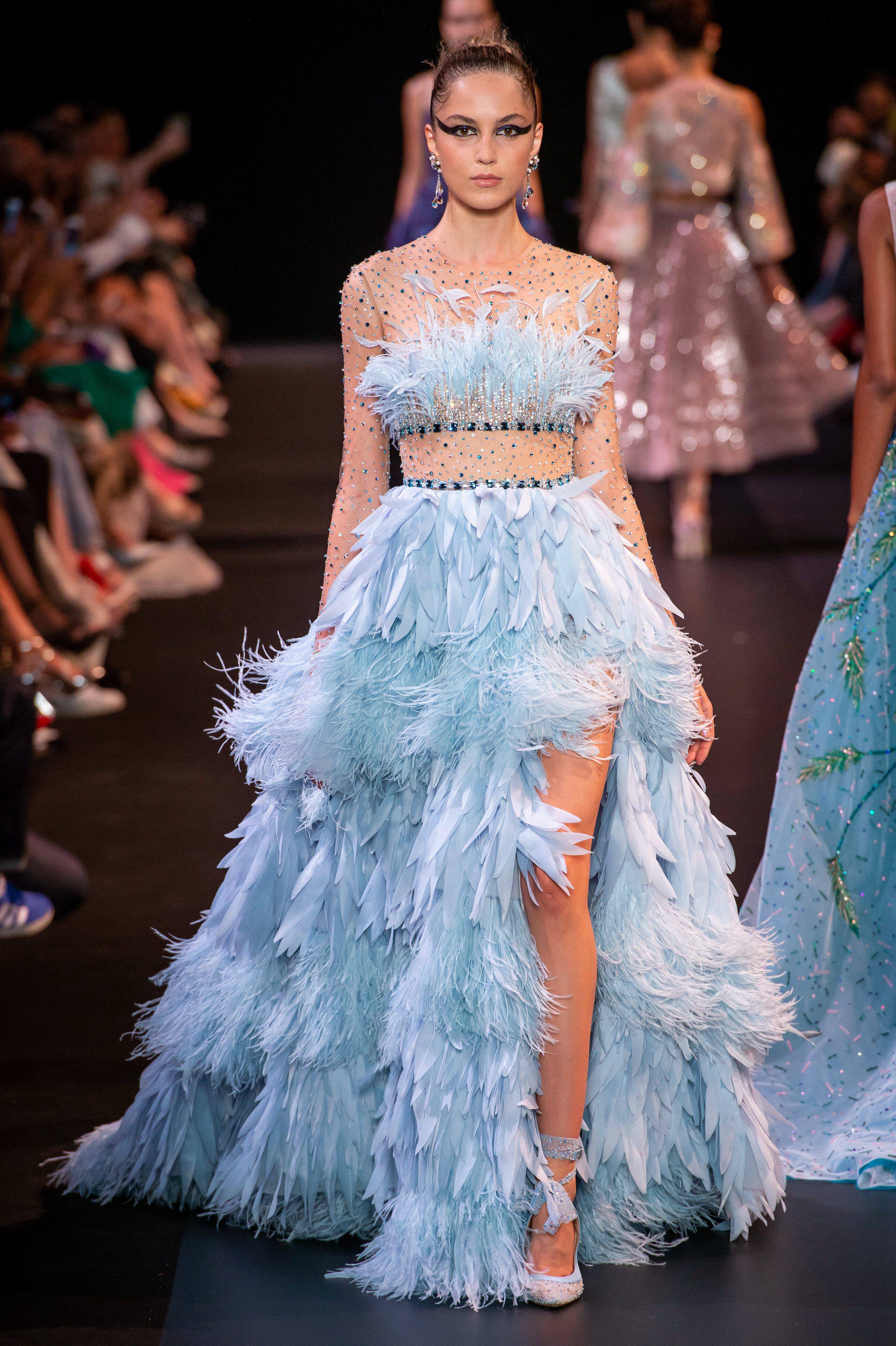 georges hobeika 蓝色羽毛长袖露腿性感走秀年会宴会晚会演出礼服