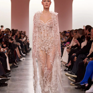 Elie 抹胸披风性感透视花朵钉珠舞台演出红毯派对高端晚礼服 Saab