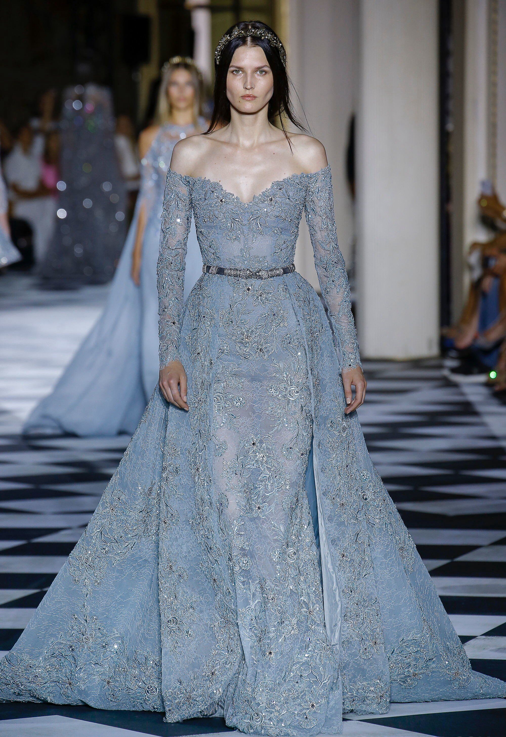 Zuhair Murad 灰蓝色一字肩长袖礼服假两件套红毯结婚婚礼敬酒服