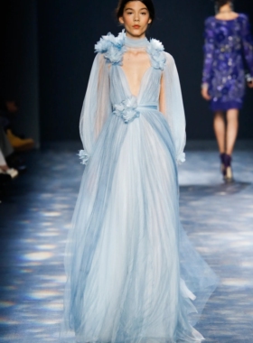 Marchesa 浅蓝色晚礼服性感深V手工花朵宴会酒会生日聚会敬酒服