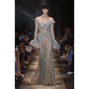 蕾丝钉珠生日晚礼服新娘敬酒服 高级感灰蓝色一字肩长袖 Elie Saab