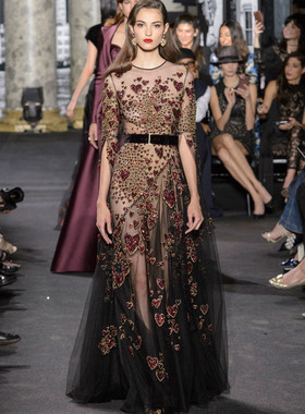 Elie Saab 黑色性感晚礼服红色爱心手工珠绣时尚年会主持演出唱歌