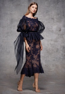 黑色一字肩泡泡袖蕾丝修身收腰小礼服年会晚会聚会名媛party短款