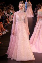 georges hobeika 紫粉色高领长袖披肩保守年会晚礼服新娘敬酒服