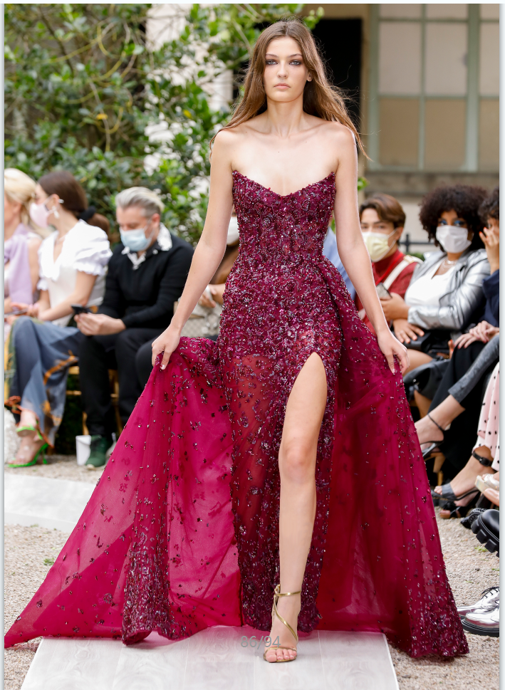 zuhair murad 2025年紫红色V领修身开叉显瘦假两件套晚礼服敬酒