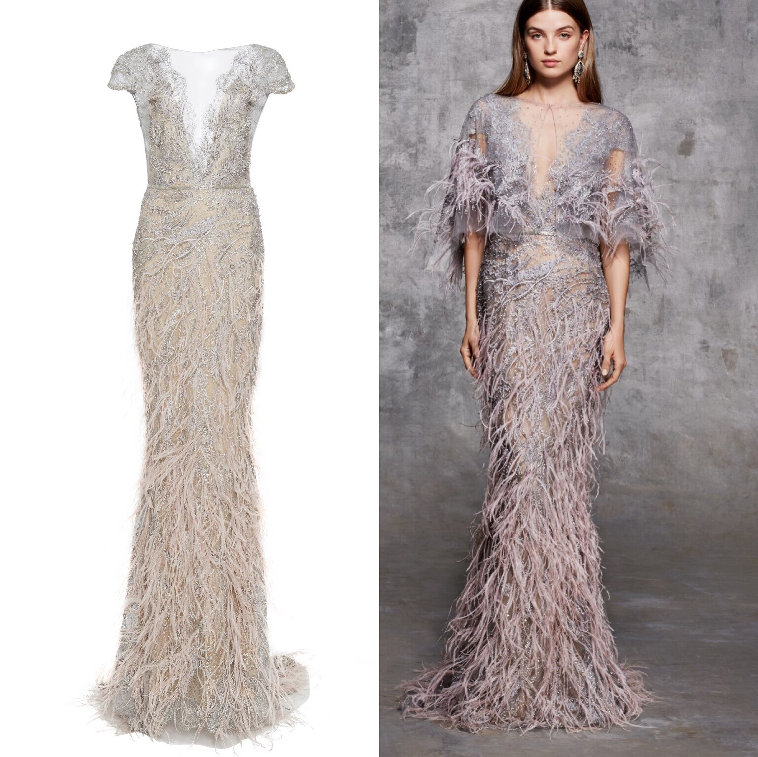 marchesa 浅灰色两件套晚礼服V领披肩显瘦羽毛宴会晚礼服妈妈装