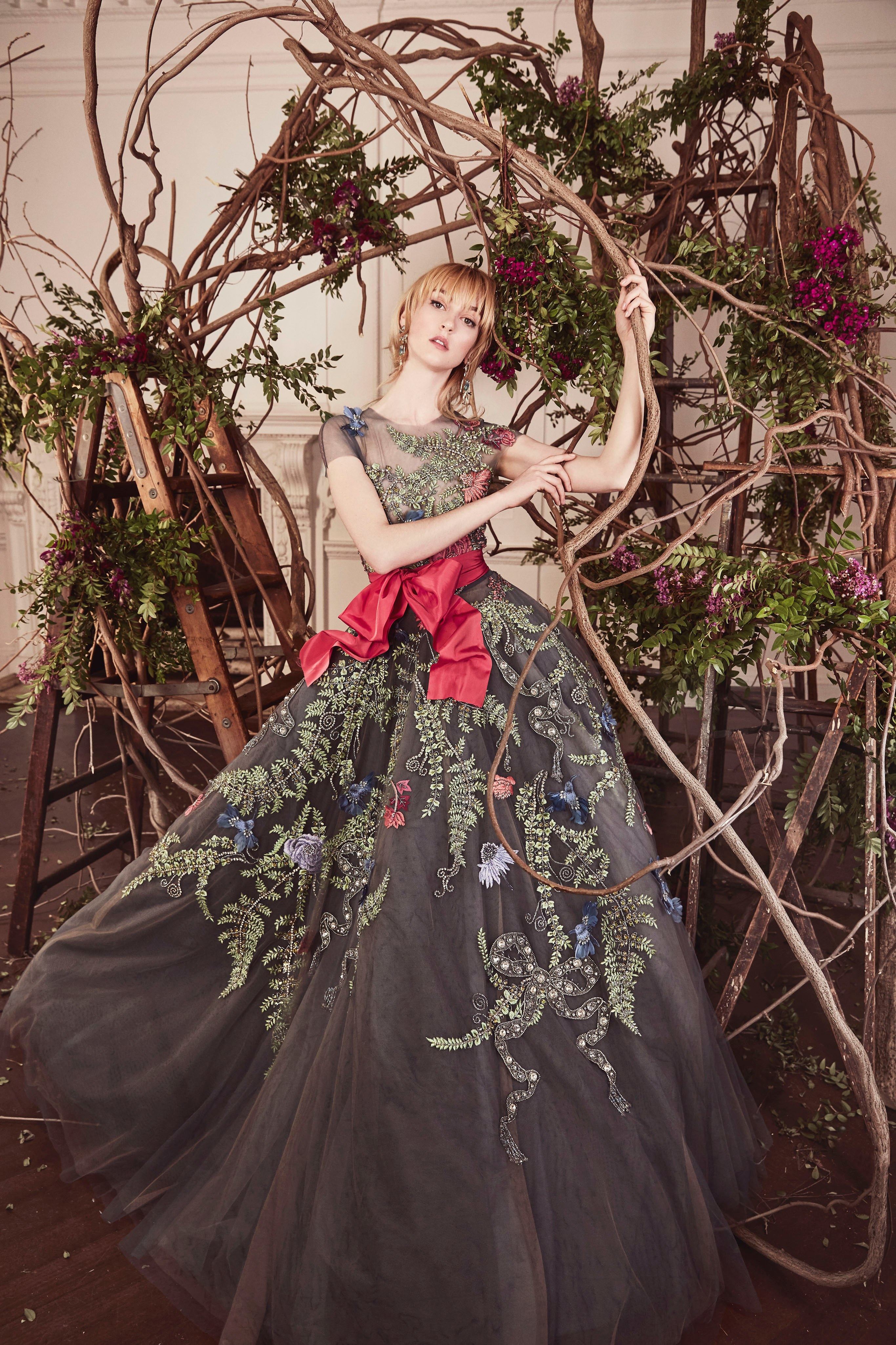 marchesa 灰绿色刺绣钉珠短袖舞会晚会演出生日派对晚礼服迎宾纱