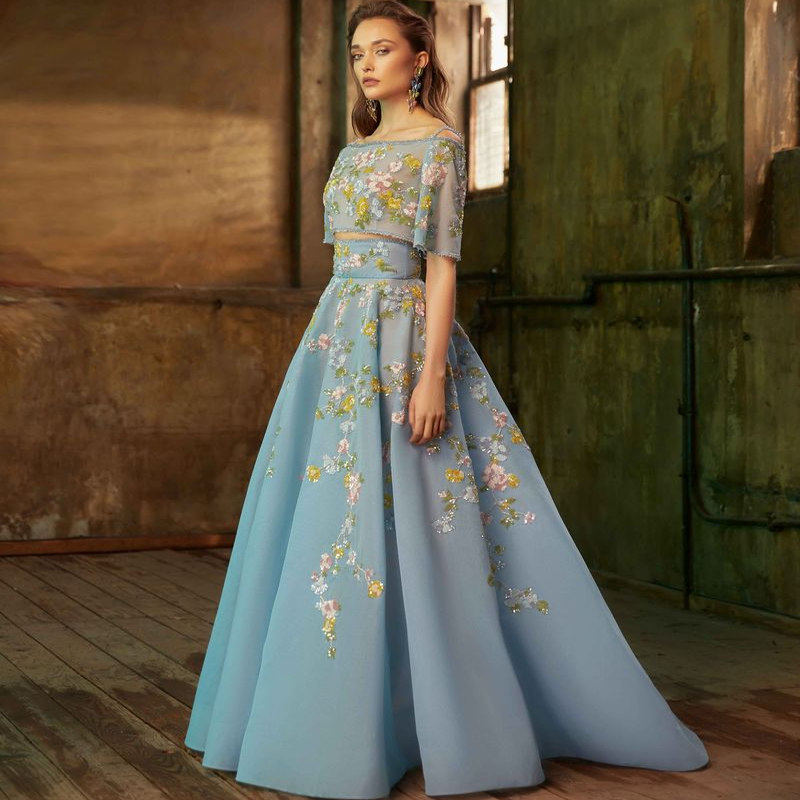 Tony Ward 蓝色花朵钉珠两件套一字肩中袖新娘婚礼敬酒服晚礼服