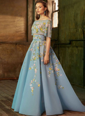 Tony Ward 蓝色花朵钉珠两件套一字肩中袖新娘婚礼敬酒服晚礼服